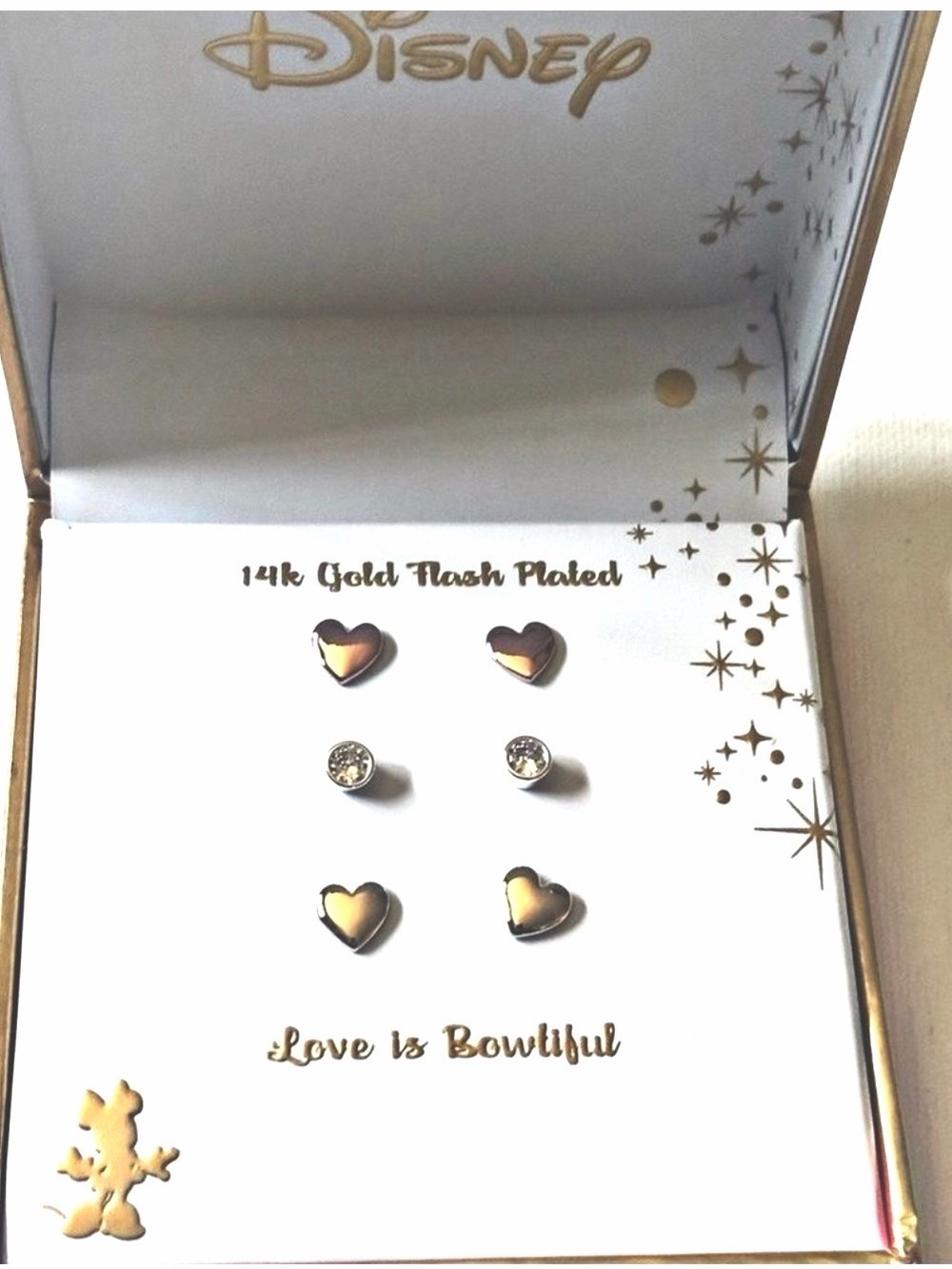 NWT 3Pair Disney Love Is Bowtiful Heart CZ Stud Earrings Set Womens 14k Gold OS